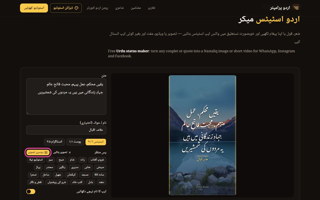 اپنی تصویر بطور پس منظر، دوسری تصویر کا بٹن نمایاں